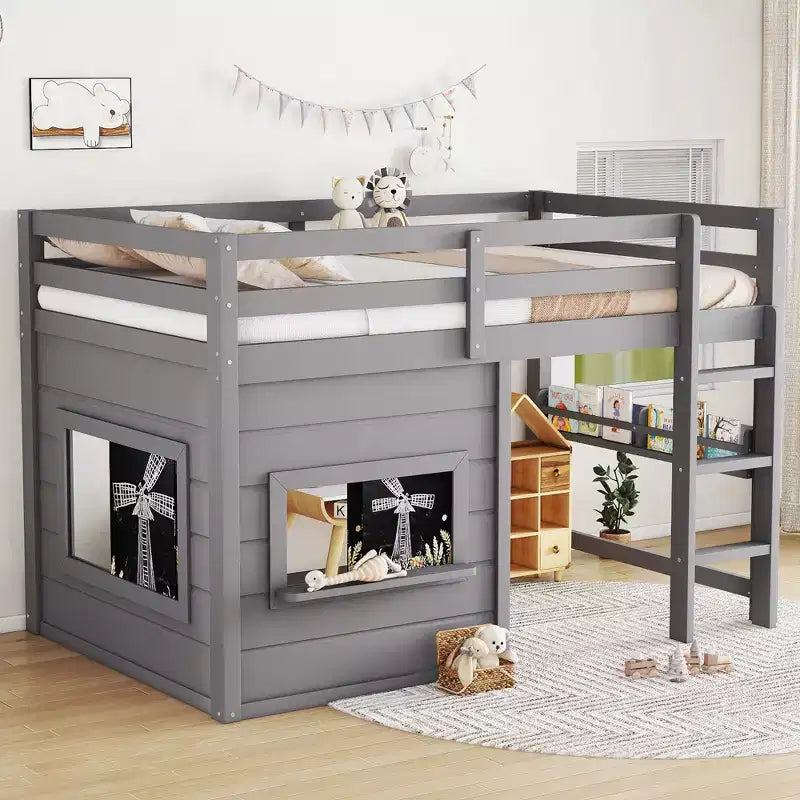 Bellemave Loft Bed with Built-in Bookshelf and High-quality Safety Rails,Solid Wood Loft Bed Frame with a Playful Sliding Chalkboard