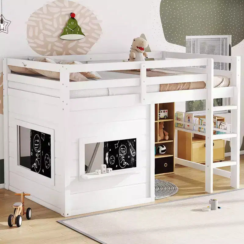 Bellemave Letto a soppalco con libreria integrata e sponde di sicurezza di alta qualità, Struttura letto a soppalco in legno massello con lavagna scorrevole giocosa