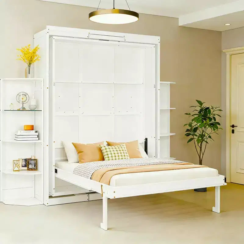 Luxystar Letto a scomparsa moderno ruotabile con scrivania pieghevole e doppie mensole laterali a 3 ripiani, Queen size