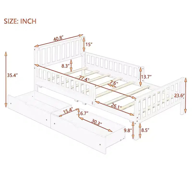 Bellemave Letto a piattaforma singolo con cassetti portaoggetti e spondine, Letto a piattaforma per camera piccola