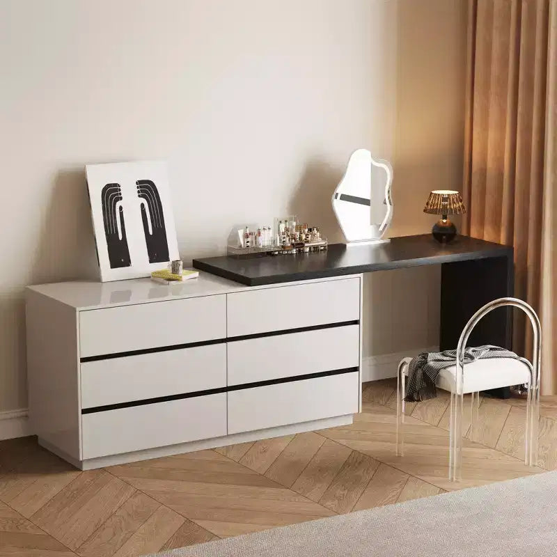 Tavolino da trucco allungabile moderno Luck Live con 6 cassetti, montaggio reversibile a sinistra o a destra, toeletta per camera da letto o spogliatoio