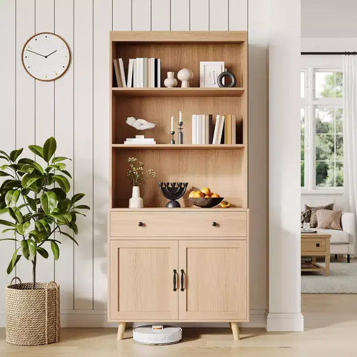 72.4 Freestanding Wooden Bookcase with Storage, Tall Bookshelf Featuring Doors & Drawers, Display Shelf for Living Room, Office, Bedroom, Kitchen
