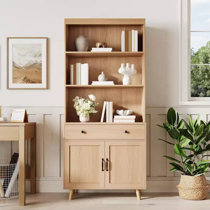 Libreria indipendente in legno alta 72,4 pollici con ripiani, libreria alta con ante e cassetti, scaffale espositivo per soggiorno, ufficio, camera da letto, cucina