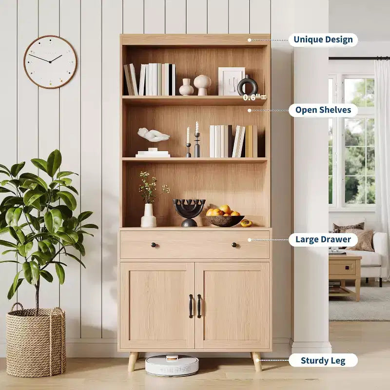 Libreria indipendente in legno alta 72,4 pollici con ripiani, libreria alta con ante e cassetti, scaffale espositivo per soggiorno, ufficio, camera da letto, cucina