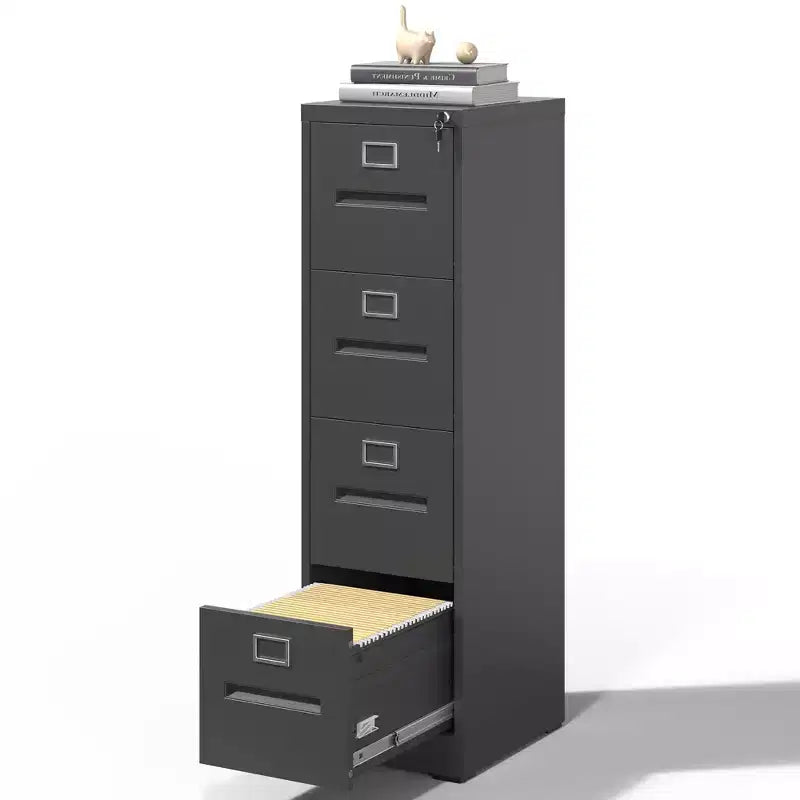 VIYET 52H 4-Drawer Narrow Metal Vertical File Cabinet with Lock, Black Steel Filing Cabinet for Home Office, Fits A4/Legal/Letter (Assembly Required)