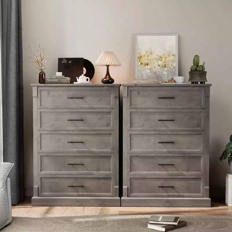 Cassettiera a 5 cassetti per camera da letto, Comò alto in stile rustico con maniglie in metallo, Cassettiera rustica in legno per soggiorno, corridoio