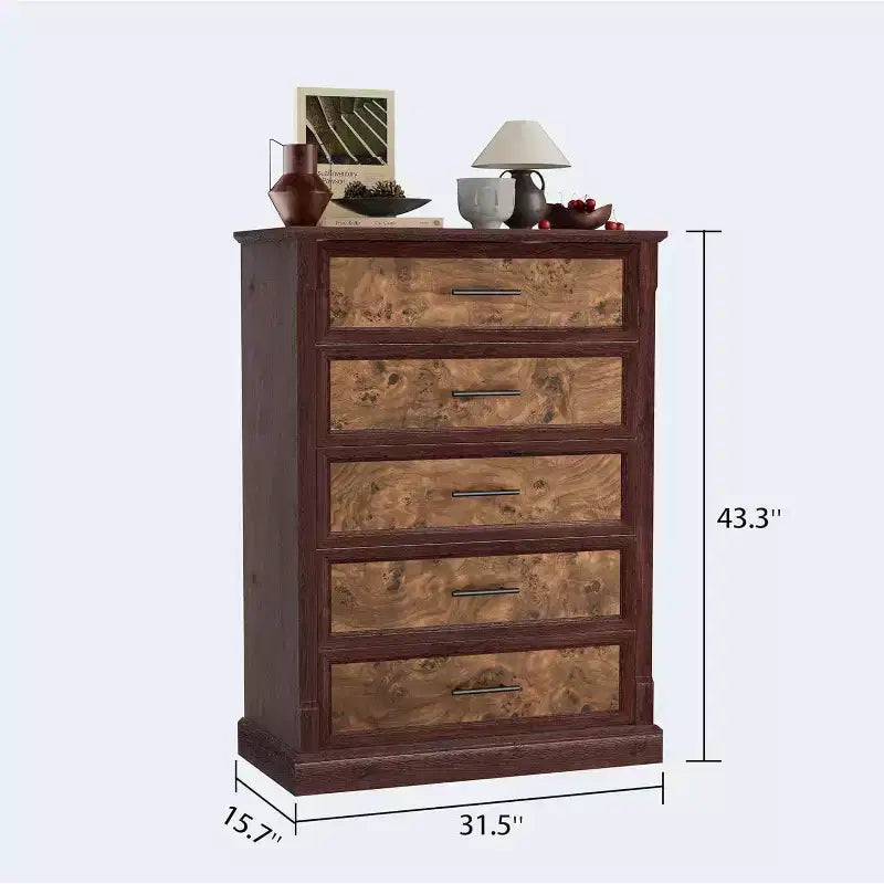 Cassettiera a 5 cassetti per camera da letto, Comò alto in stile rustico con maniglie in metallo, Cassettiera rustica in legno per soggiorno, corridoio
