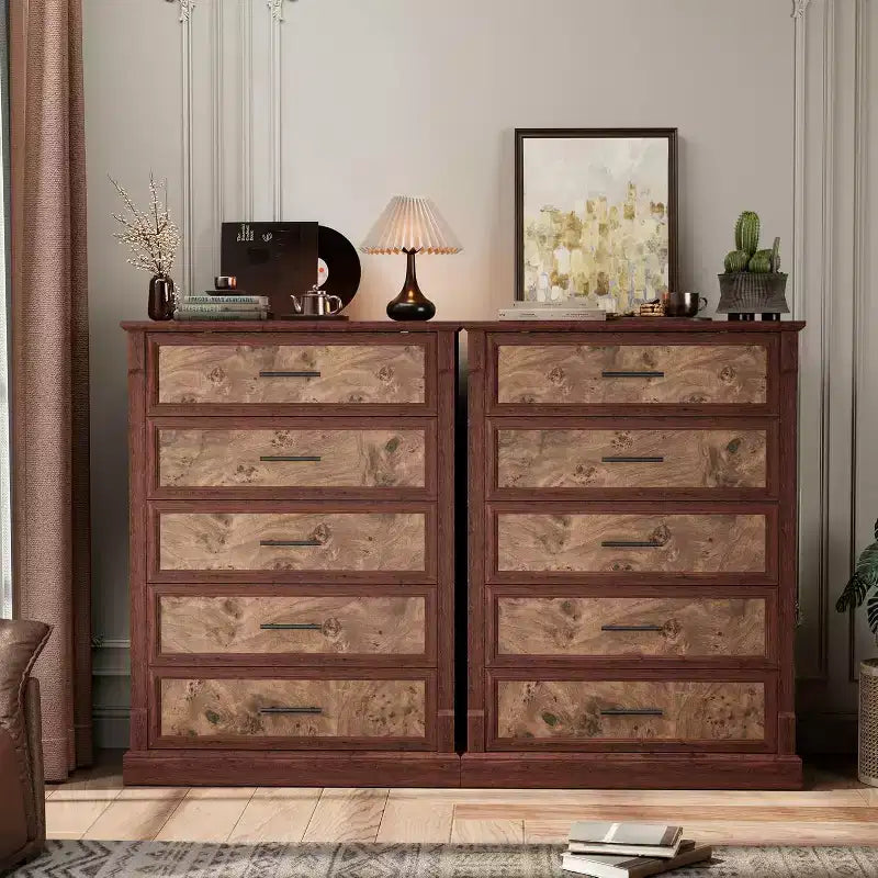 Cassettiera a 5 cassetti per camera da letto, Comò alto in stile rustico con maniglie in metallo, Cassettiera rustica in legno per soggiorno, corridoio