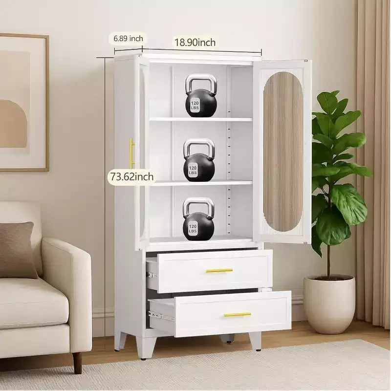 Dispensa Armadio Contenitore con Cassetto, Ante in Vetro, Ripiani Regolabili, Armadio Dispensa in Metallo da 73 Pollici per Cucina, Lavanderia, Soggiorno, Sala da Pranzo, Ripostiglio