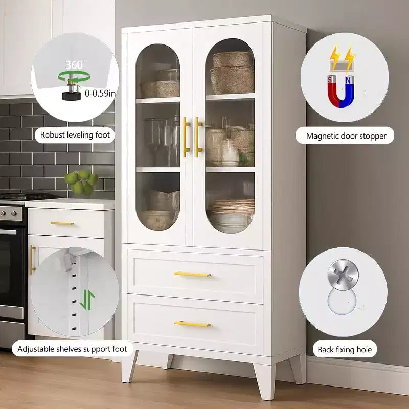 Dispensa Armadio Contenitore con Cassetto, Ante in Vetro, Ripiani Regolabili, Armadio Dispensa in Metallo da 73 Pollici per Cucina, Lavanderia, Soggiorno, Sala da Pranzo, Ripostiglio