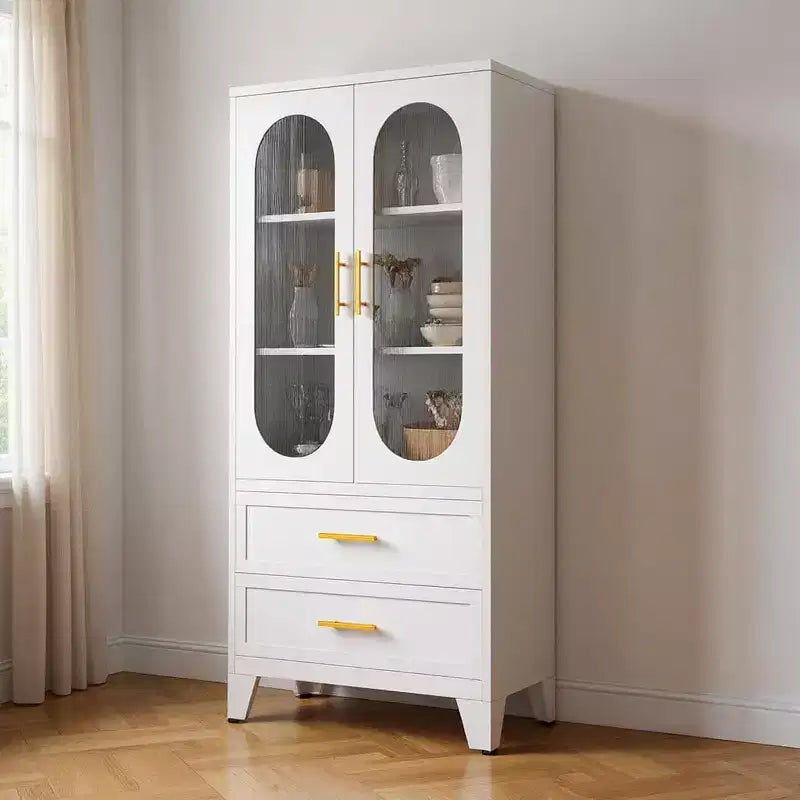 Dispensa Armadio Contenitore con Cassetto, Ante in Vetro, Ripiani Regolabili, Armadio Dispensa in Metallo da 73 Pollici per Cucina, Lavanderia, Soggiorno, Sala da Pranzo, Ripostiglio
