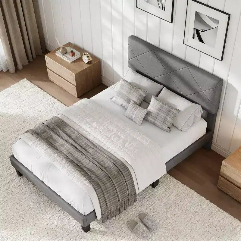 Acekool Struttura Letto con Testiera Imbottita, Supporto a Doghe in Legno, Nessuna Rete a Molle Necessaria