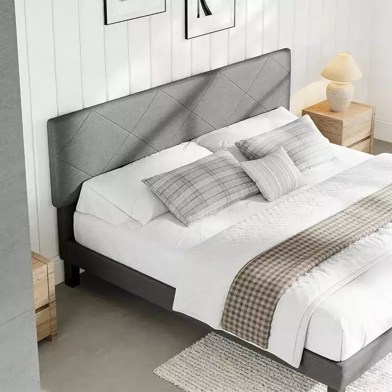 Acekool Struttura Letto con Testiera Imbottita, Supporto a Doghe in Legno, Nessuna Rete a Molle Necessaria