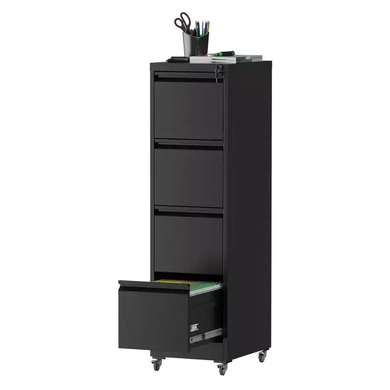 VIYET 52H 4-Drawer Locking Vertical File Cabinet on Wheels, Black Heavy-Duty Metal Cabinet for Home/Office, Fits Legal/Letter