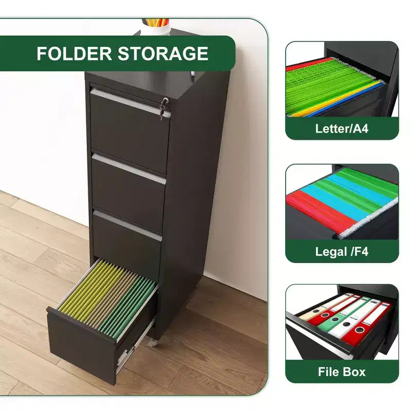 VIYET 52H Armadietto Portadocumenti Verticale a 4 Cassetti con Serratura su Ruote, Armadietto in Metallo Resistente Nero per Casa/Ufficio, Adatto a Documenti in Formato Legale/Lettera