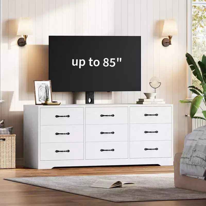 Mobile TV con supporto per TV fino a 85 pollici | Mobile media moderno da 55 pollici con 9 cassetti e altezza regolabile, grande centro di intrattenimento con contenitore per soggiorno