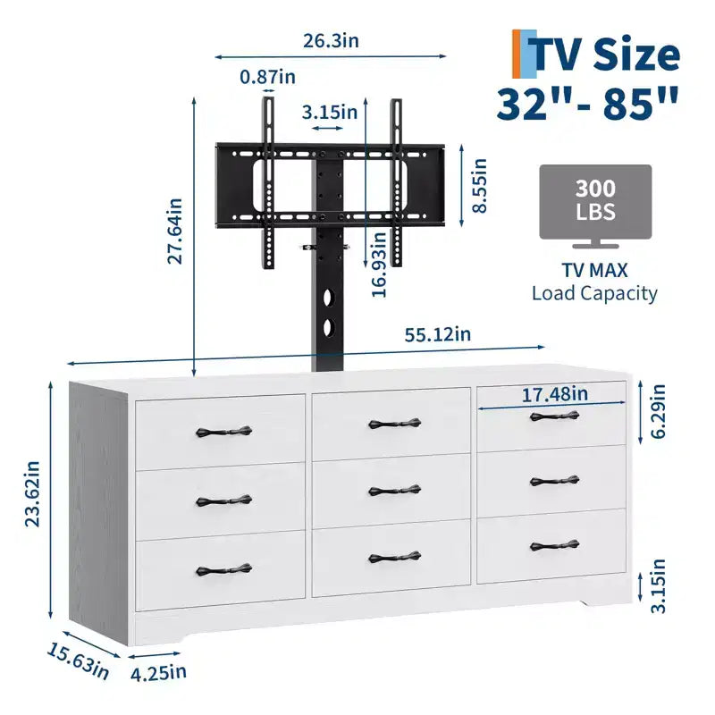 Mobile TV con supporto per TV fino a 85 pollici | Mobile media moderno da 55 pollici con 9 cassetti e altezza regolabile, grande centro di intrattenimento con contenitore per soggiorno