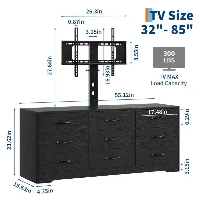 Mobile TV con supporto per TV fino a 85 pollici | Mobile media moderno da 55 pollici con 9 cassetti e altezza regolabile, grande centro di intrattenimento con contenitore per soggiorno