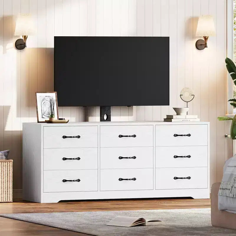 Mobile TV con supporto per TV fino a 85 pollici | Mobile media moderno da 55 pollici con 9 cassetti e altezza regolabile, grande centro di intrattenimento con contenitore per soggiorno