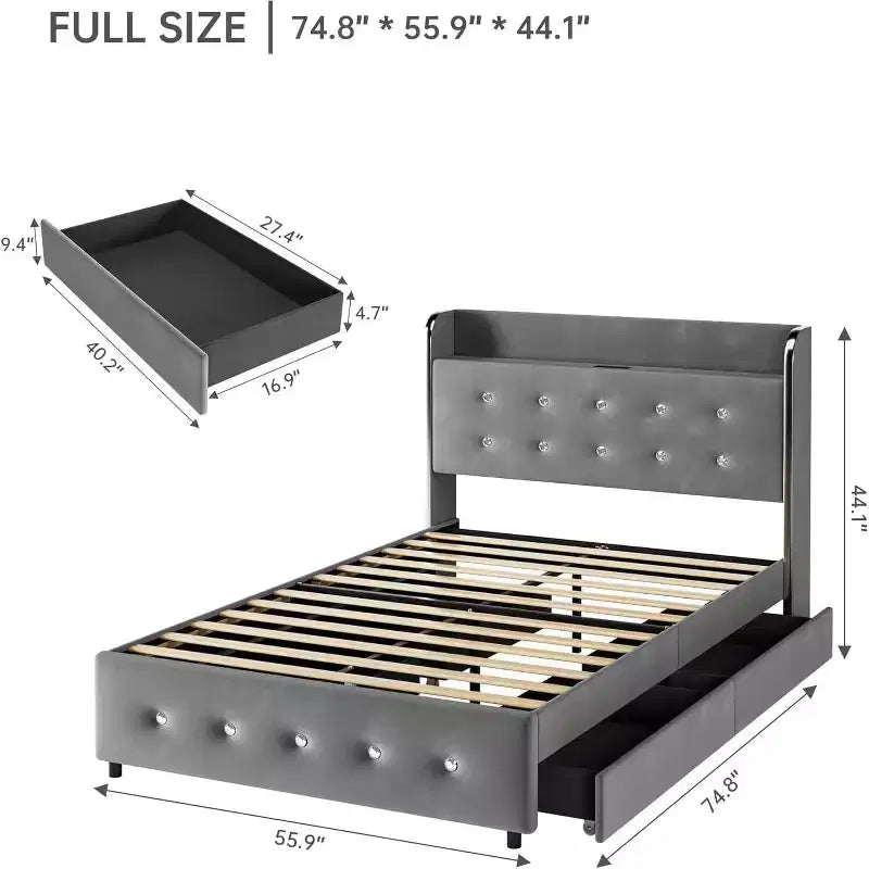 Letto matrimoniale completo, dotato di contenitore, stazione di ricarica e 4 cassetti, con cuscini in velluto supportati da doghe in legno, grigio