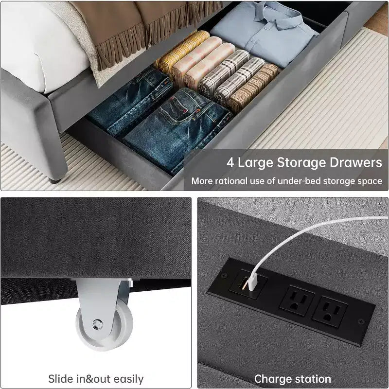 Letto matrimoniale completo, dotato di contenitore, stazione di ricarica e 4 cassetti, con cuscini in velluto supportati da doghe in legno, grigio