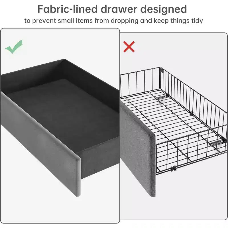 Letto matrimoniale completo, dotato di contenitore, stazione di ricarica e 4 cassetti, con cuscini in velluto supportati da doghe in legno, grigio