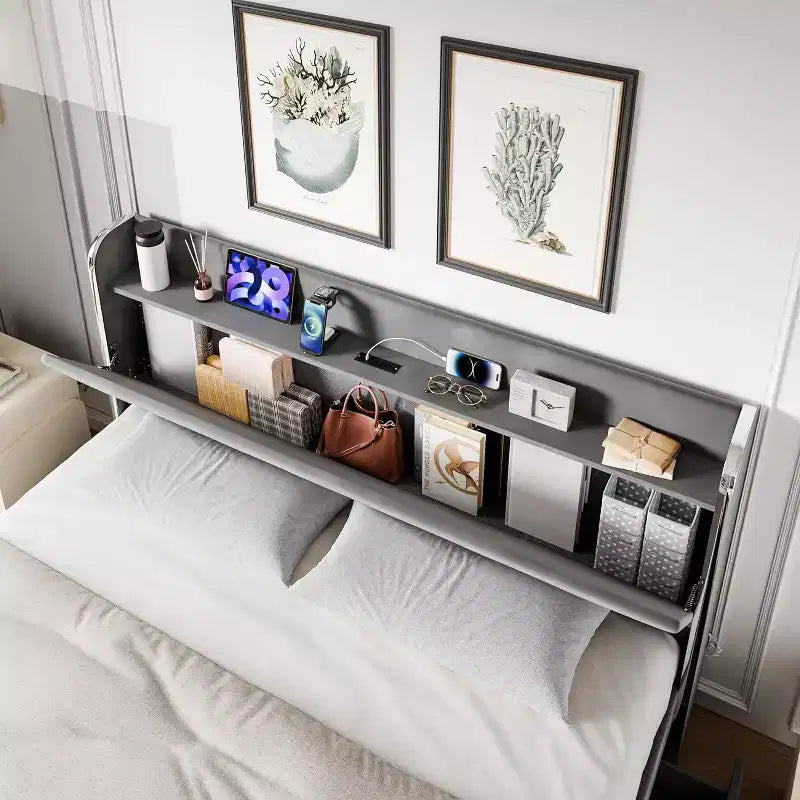 Letto matrimoniale completo, dotato di contenitore, stazione di ricarica e 4 cassetti, con cuscini in velluto supportati da doghe in legno, grigio