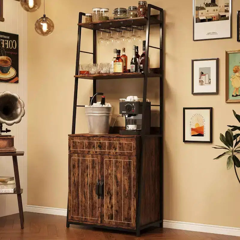 Scaffale da Panettiere con Porta Microonde, Mobile Dispensa Alto da Cucina con Cassetto e Porta Bicchieri da Vino, Supporto per Forno a Microonde da Cucina, Organizer per Spezie