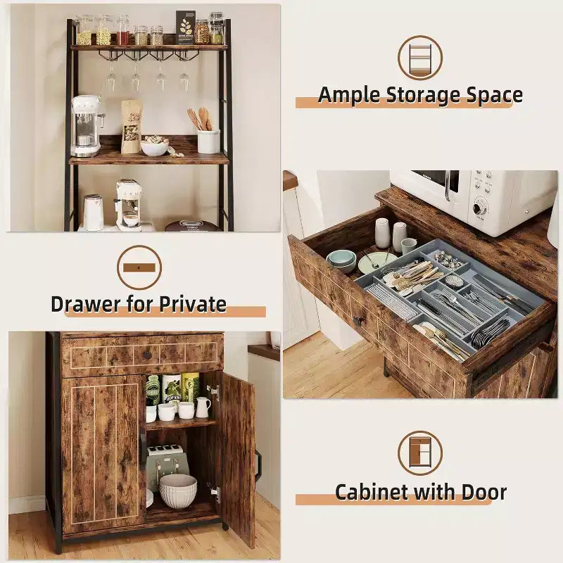 Scaffale da Panettiere con Porta Microonde, Mobile Dispensa Alto da Cucina con Cassetto e Porta Bicchieri da Vino, Supporto per Forno a Microonde da Cucina, Organizer per Spezie