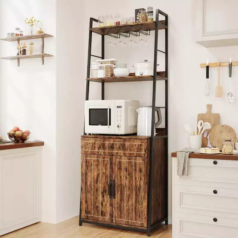 Scaffale da Panettiere con Porta Microonde, Mobile Dispensa Alto da Cucina con Cassetto e Porta Bicchieri da Vino, Supporto per Forno a Microonde da Cucina, Organizer per Spezie