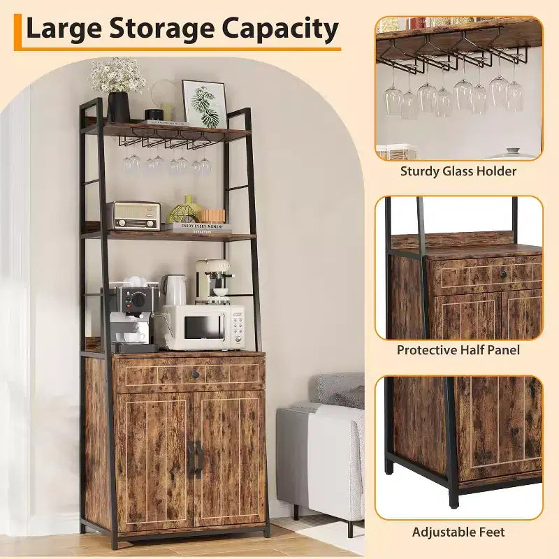 Scaffale da Panettiere con Porta Microonde, Mobile Dispensa Alto da Cucina con Cassetto e Porta Bicchieri da Vino, Supporto per Forno a Microonde da Cucina, Organizer per Spezie