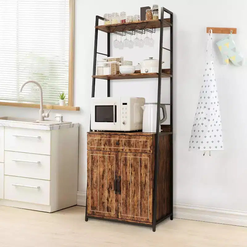 Scaffale da Panettiere con Porta Microonde, Mobile Dispensa Alto da Cucina con Cassetto e Porta Bicchieri da Vino, Supporto per Forno a Microonde da Cucina, Organizer per Spezie