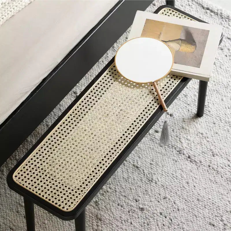 Panca moderna MAYEERTY in legno massello di quercia con rattan per camera da letto, ingresso e soggiorno, nera
