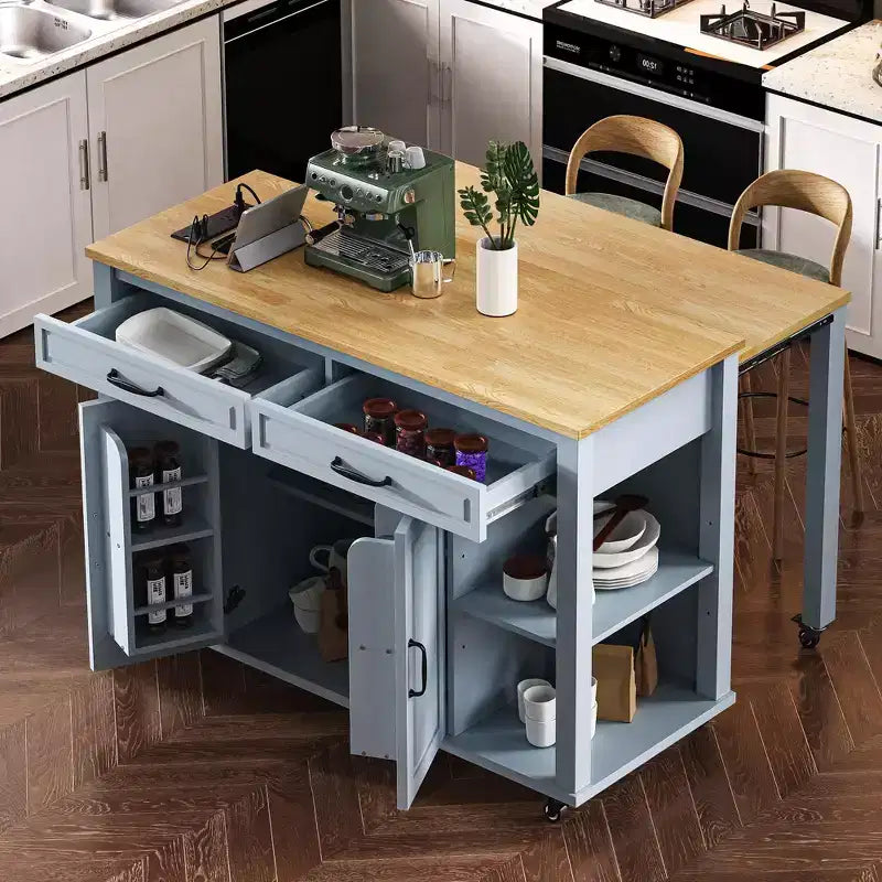 GDFStudio Yannic 47 Isola Cucina con Tavolo da Pranzo Estensibile, Presa di Corrente e Ruote