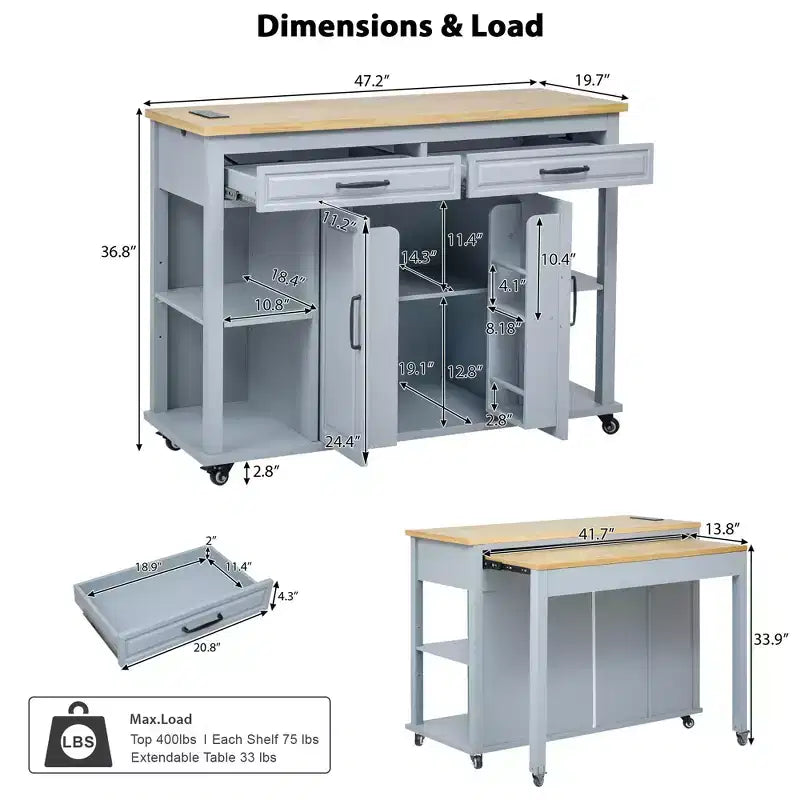 GDFStudio Yannic 47 Isola Cucina con Tavolo da Pranzo Estensibile, Presa di Corrente e Ruote