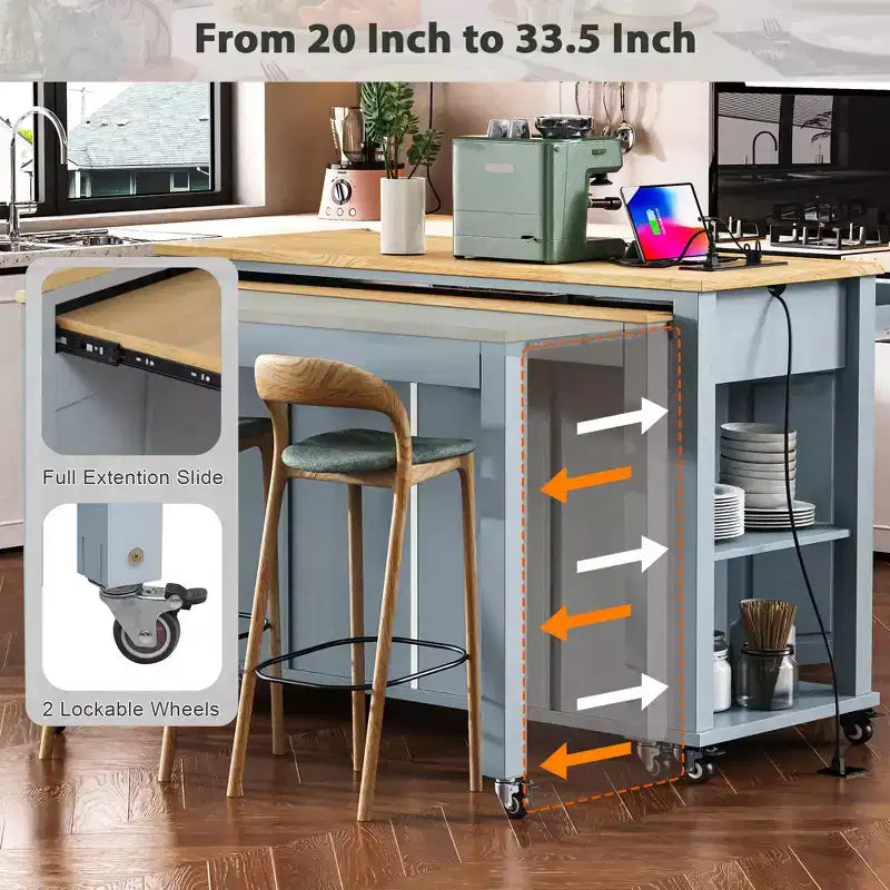 GDFStudio Yannic 47 Isola Cucina con Tavolo da Pranzo Estensibile, Presa di Corrente e Ruote