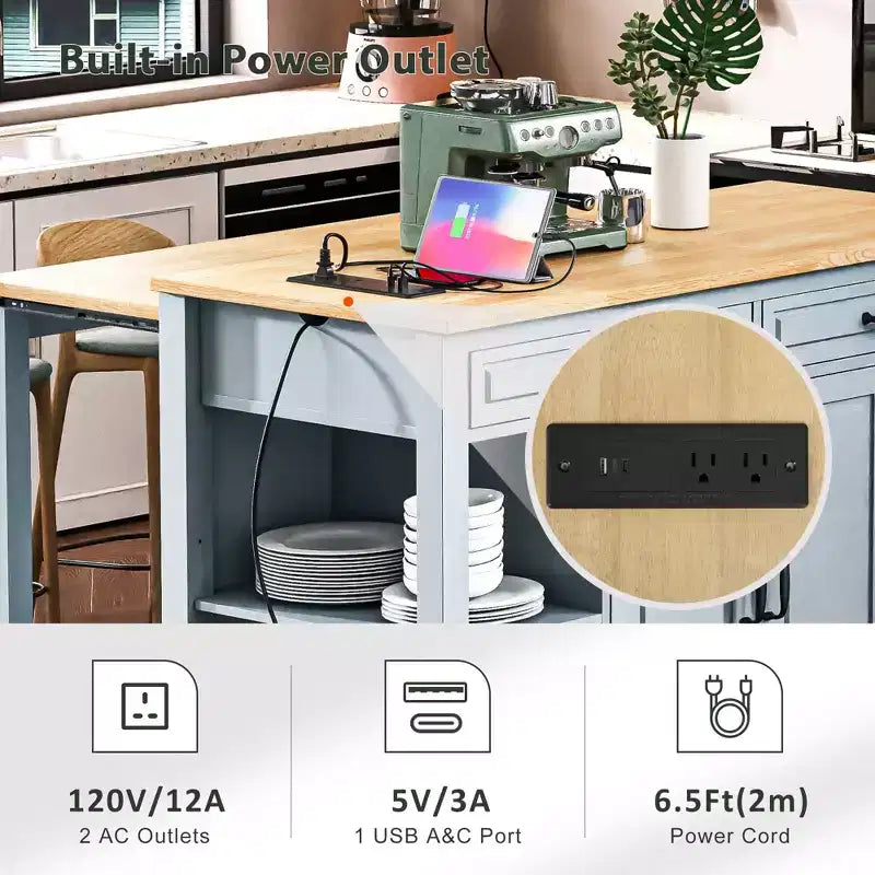 GDFStudio Yannic 47 Isola Cucina con Tavolo da Pranzo Estensibile, Presa di Corrente e Ruote