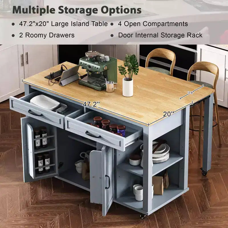 GDFStudio Yannic 47 Isola Cucina con Tavolo da Pranzo Estensibile, Presa di Corrente e Ruote