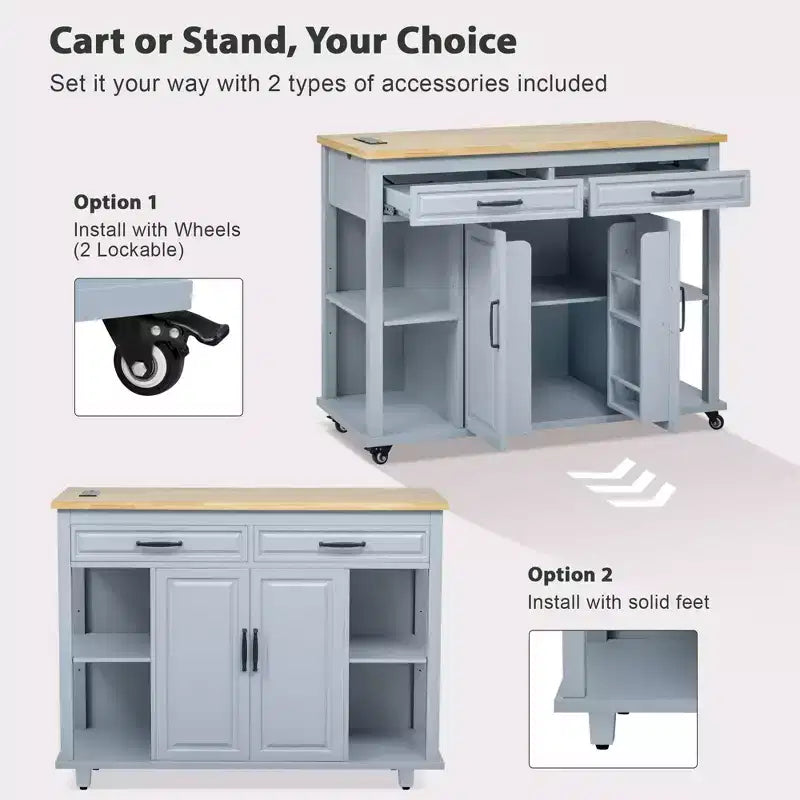 GDFStudio Yannic 47 Isola Cucina con Tavolo da Pranzo Estensibile, Presa di Corrente e Ruote