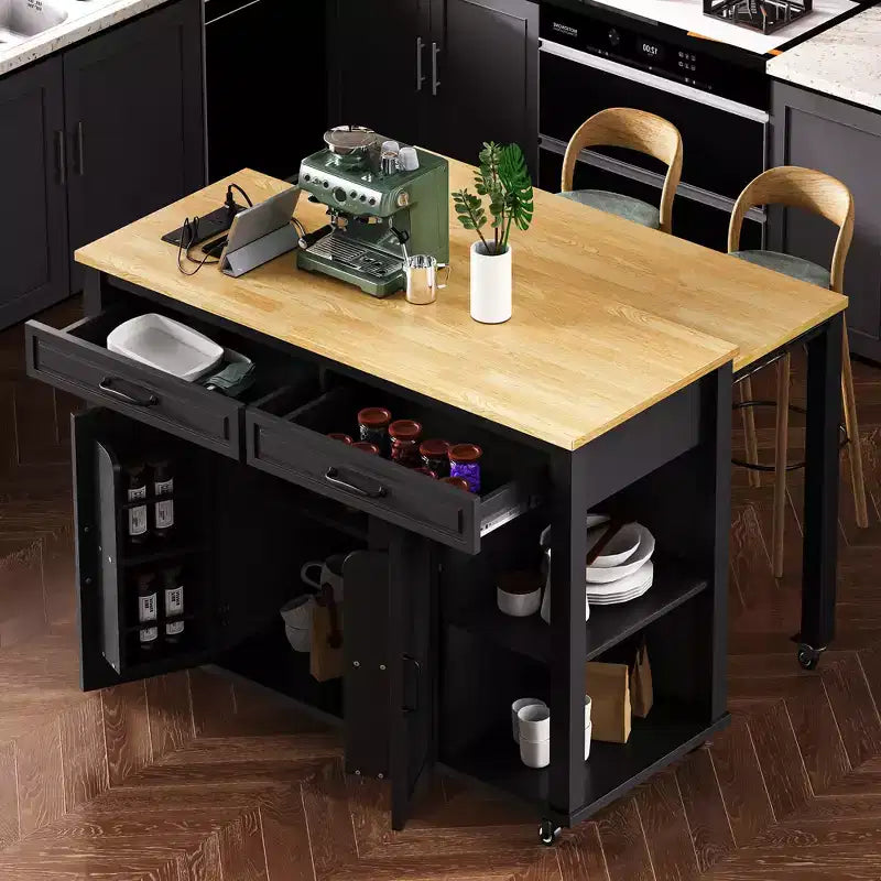 GDFStudio Yannic 47 Isola Cucina con Tavolo da Pranzo Estensibile, Presa di Corrente e Ruote