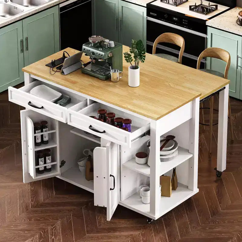 GDFStudio Yannic 47 Isola Cucina con Tavolo da Pranzo Estensibile, Presa di Corrente e Ruote
