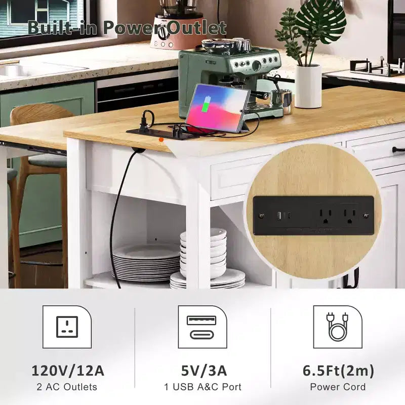 GDFStudio Yannic 47 Isola Cucina con Tavolo da Pranzo Estensibile, Presa di Corrente e Ruote