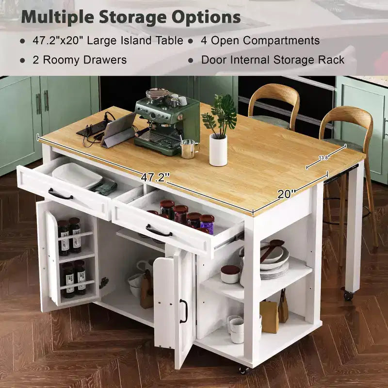 GDFStudio Yannic 47 Isola Cucina con Tavolo da Pranzo Estensibile, Presa di Corrente e Ruote