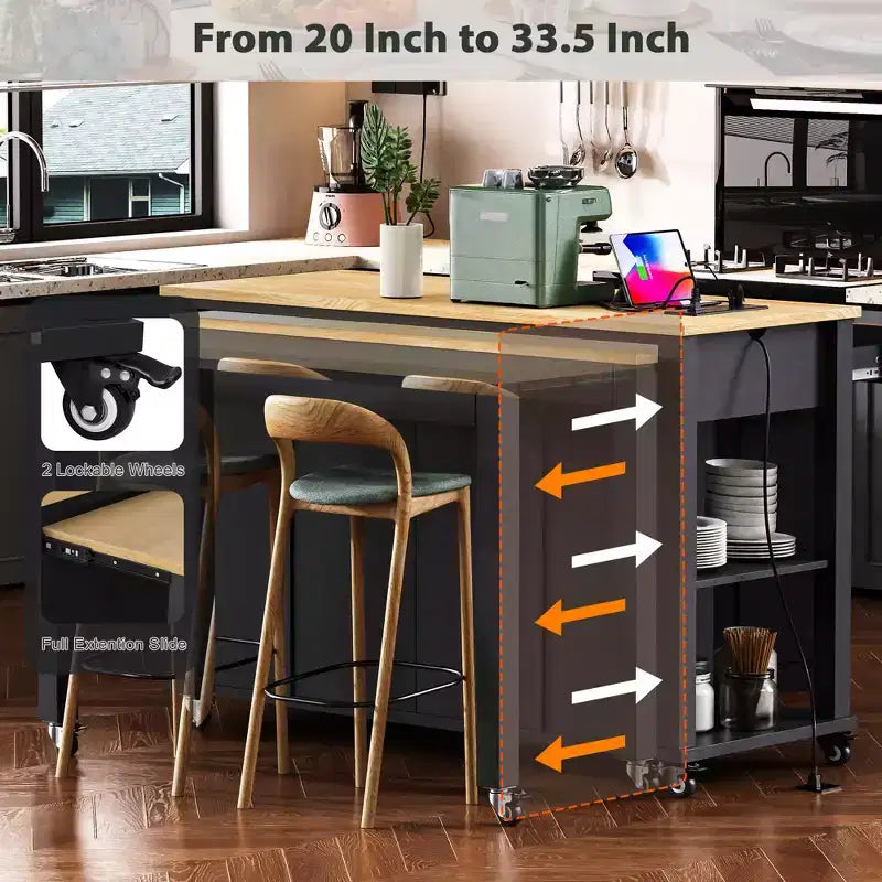 GDFStudio Yannic 47 Isola Cucina con Tavolo da Pranzo Estensibile, Presa di Corrente e Ruote