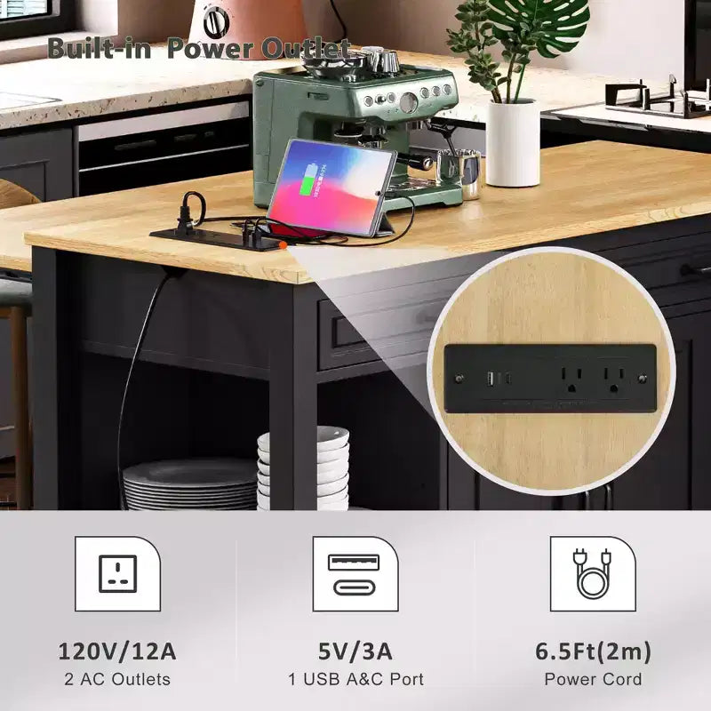 GDFStudio Yannic 47 Isola Cucina con Tavolo da Pranzo Estensibile, Presa di Corrente e Ruote