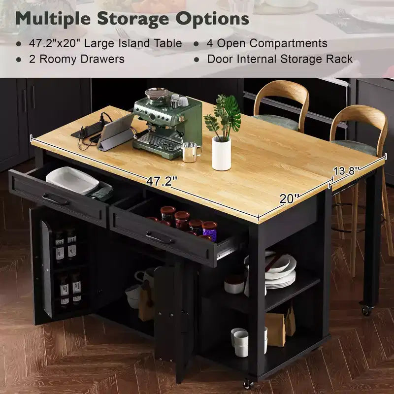 GDFStudio Yannic 47 Isola Cucina con Tavolo da Pranzo Estensibile, Presa di Corrente e Ruote