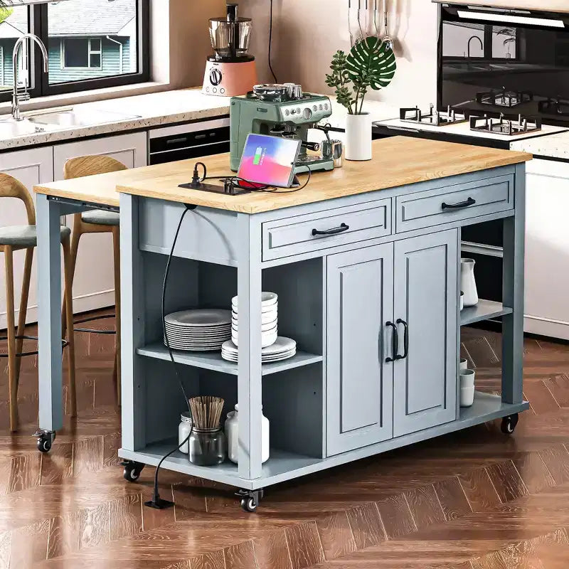 GDFStudio Yannic 47 Isola Cucina con Tavolo da Pranzo Estensibile, Presa di Corrente e Ruote