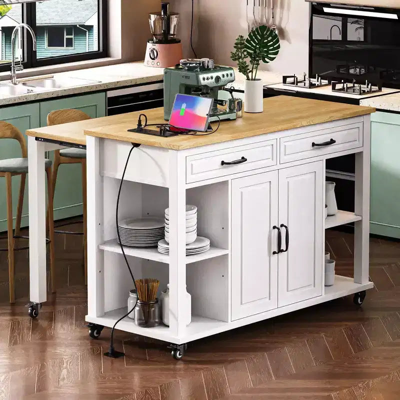 GDFStudio Yannic 47 Isola Cucina con Tavolo da Pranzo Estensibile, Presa di Corrente e Ruote