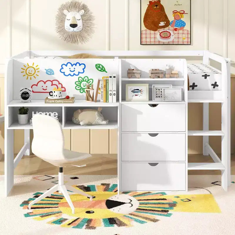 Letto a Soppalco Basso Matrimoniale con Scrivania Incorporata, Armadietti e Libreria Aperta, Lavagna per Graffiti, Letto a Soppalco Basso Matrimoniale Bianco con Scrivania Incorporata