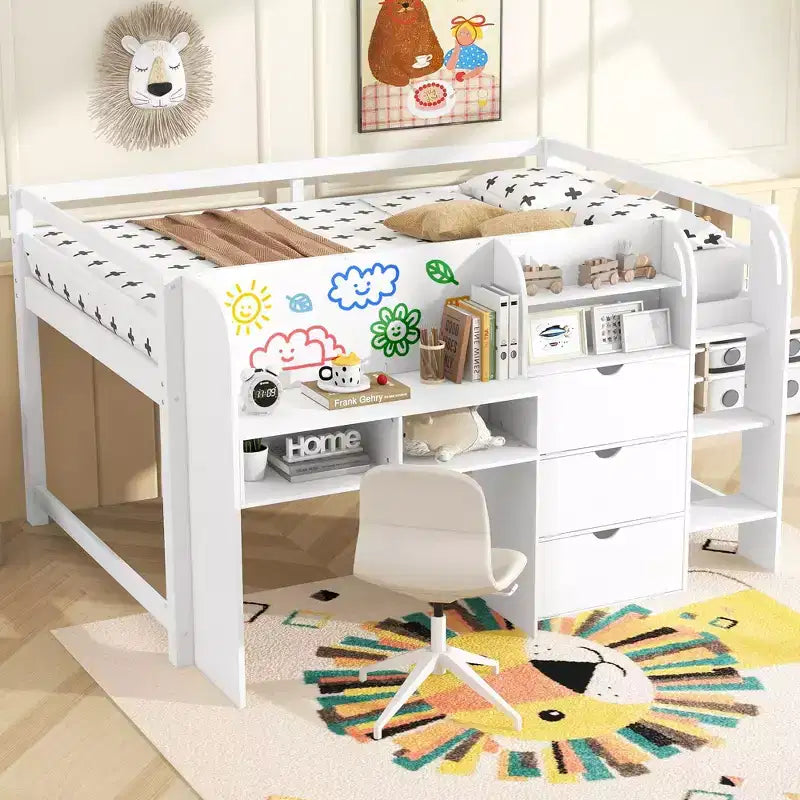 Letto a Soppalco Basso Matrimoniale con Scrivania Incorporata, Armadietti e Libreria Aperta, Lavagna per Graffiti, Letto a Soppalco Basso Matrimoniale Bianco con Scrivania Incorporata